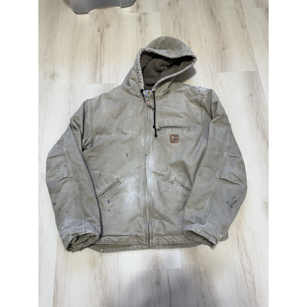 Carhartt J141 BRN Sherpa Fleece Lined Mens Size Large Canvas Workwear Distressed